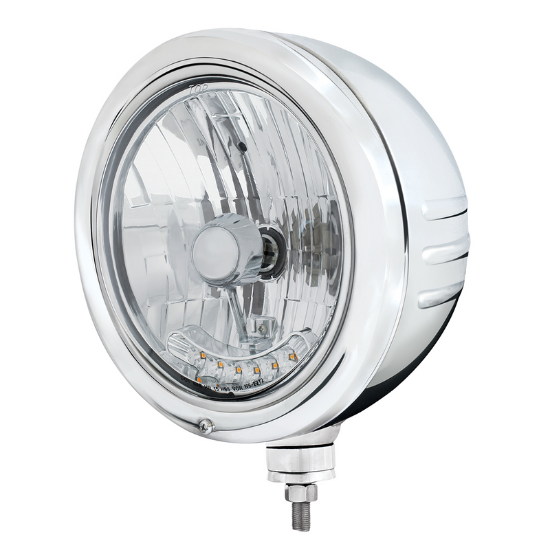 United Pacific Stainless Classic Embossed Stripe Headlight Housing With 6 Amber LED Crystal Halogen Headlight 32769