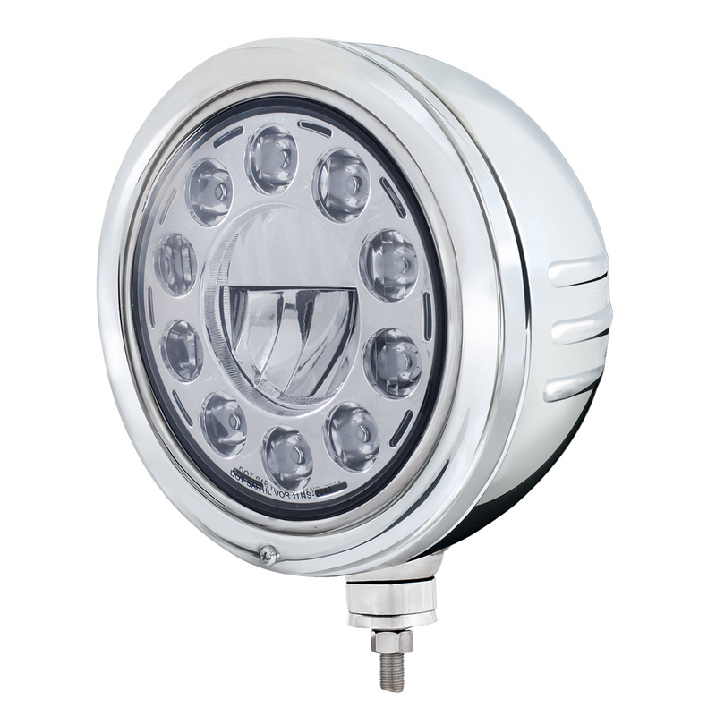 United Pacific Stainless Bullet Embossed Stripe Headlight Housing With 11 LED Crystal 7" Round Headlight 32771