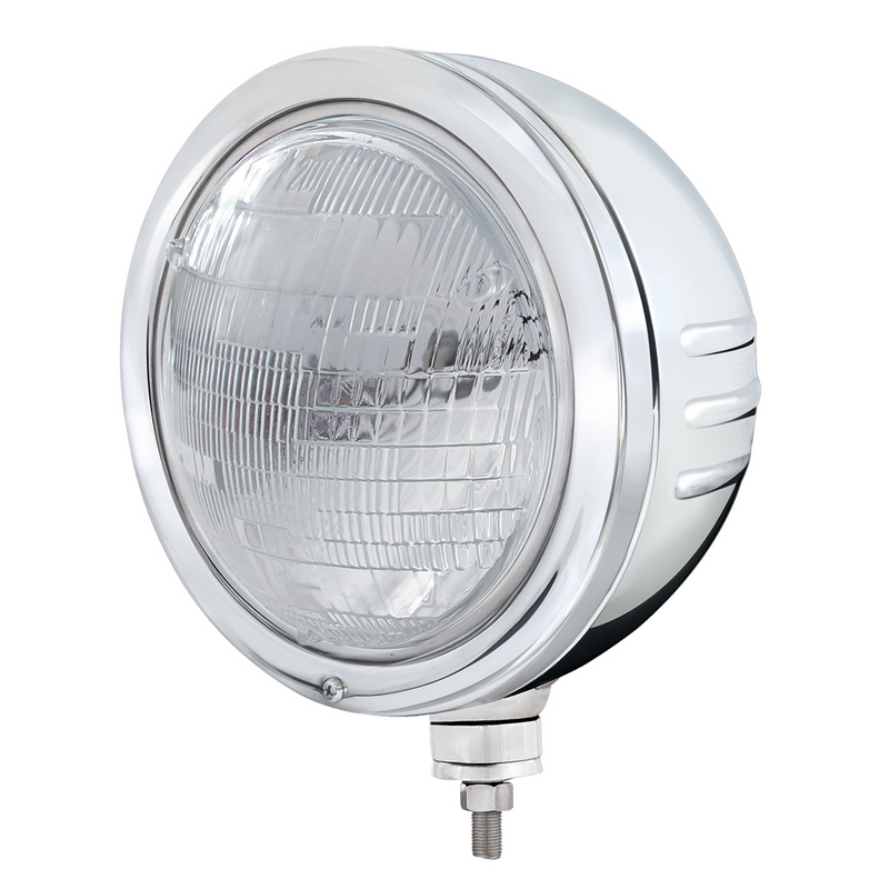 United Pacific Stainless Bullet Embossed Stripe Headlight Housing With 6014 Seal Beam Headlight 32772