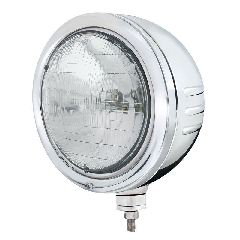 United Pacific Stainless Bullet Embossed Stripe Headlight Housing With H6024 Halogen Headlight 32773