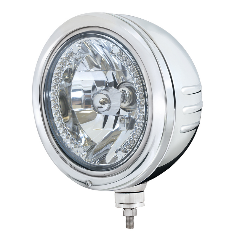 United Pacific Stainless Bullet Embossed Stripe Headlight Housing With 34 White LED Crystal Halogen Headlight 32775