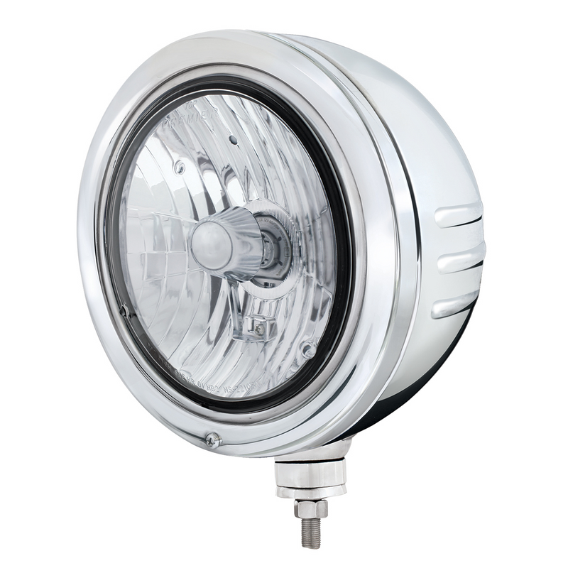 United Pacific Stainless Bullet Embossed Stripe Headlight Housing With Crystal H4 Halogen Headlight 32776