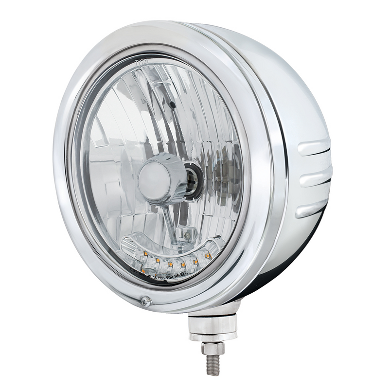 United Pacific Stainless Bullet Embossed Stripe Headlight Housing With 6 Amber LED Crystal Halogen Headlight 32777