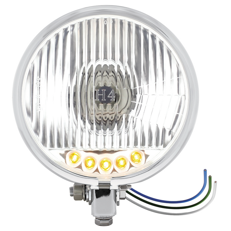 United Pacific Chrome 5-3/4" Motorcycle Headlight H4 Bulb With 5 Amber LED Bottom Mount 32787