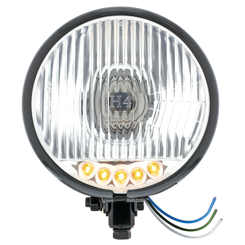 United Pacific Black 5-3/4" Motorcycle Headlight H4 Bulb With 5 Amber LED Bottom Mount 32788