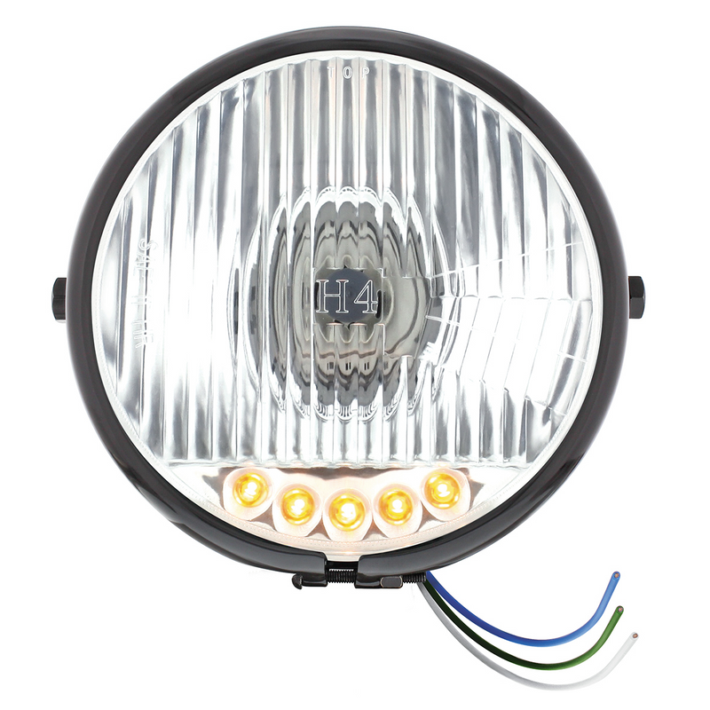 United Pacific Black 5-3/4" Motorcycle Headlight H4 Bulb With 5 Amber LED Side Mount 32790