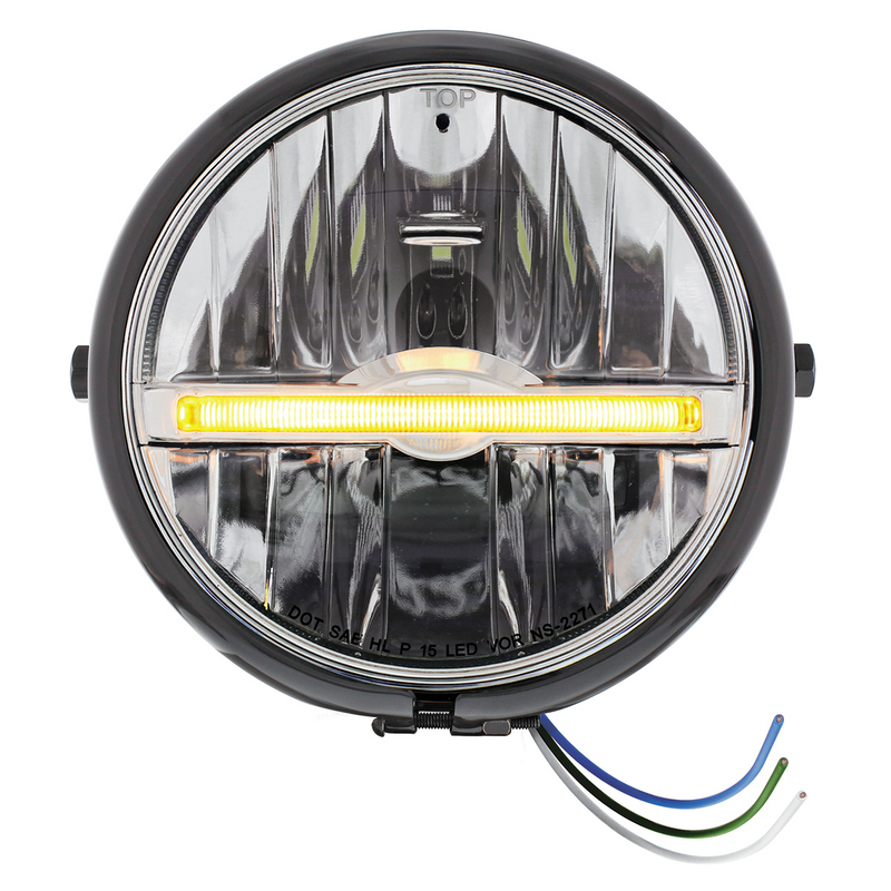 United Pacific Black 5-3/4" Motorcycle Headlight 9 LED Bulb With Amber LED Light Bar Side Mount 32798