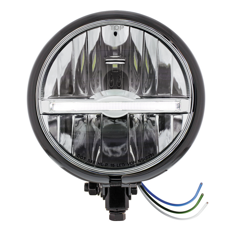 United Pacific Black 5-3/4" Motorcycle Headlight 9 LED Bulb With White LED Light Bar Bottom Mount 32800