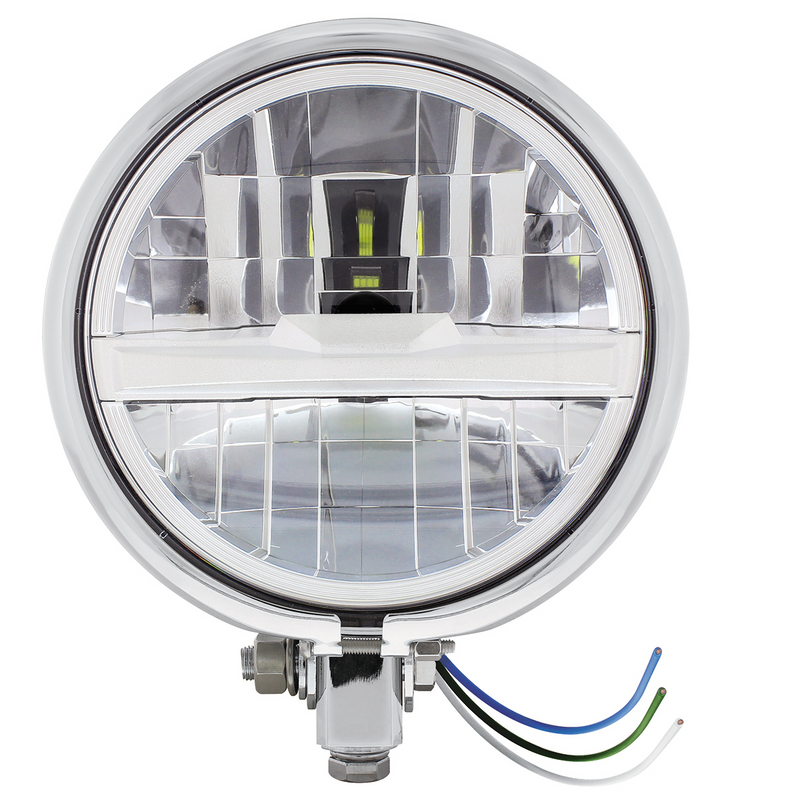 United Pacific Chrome 5-3/4" Motorcycle Headlight 8 LED Bulb With Silver Bar Bottom Mount 32803