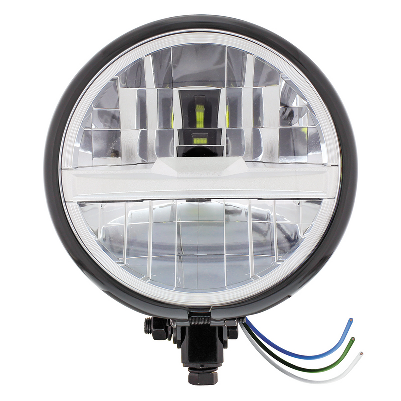 United Pacific Black 5-3/4" Motorcycle Headlight 8 LED Bulb With Silver Bar Bottom Mount 32804