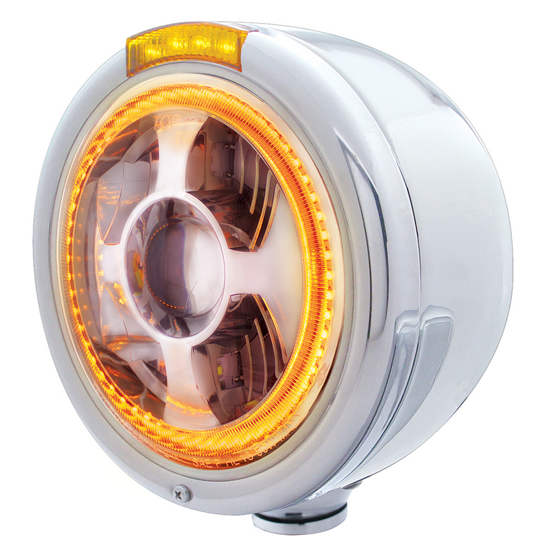 United Pacific Stainless Steel Bullet Half Moon Headlight LED Projection Headlight & LED Turn Signal Amber Lens 32813