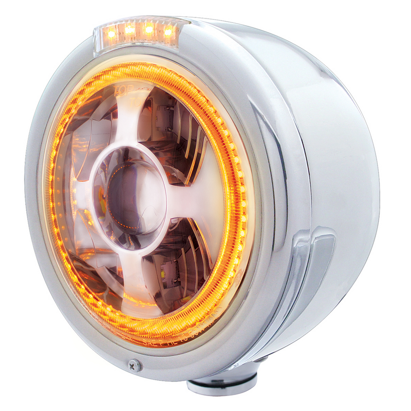 United Pacific Stainless Steel Bullet Half Moon Headlight LED Projection Headlight & LED Turn Signal Clear Lens 32814