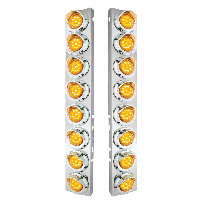 United Pacific SS Front Air Cleaner Bracket With 16X 9 LED 2" Lights & Visors For Peterbilt-Amber LED & Lens 33600