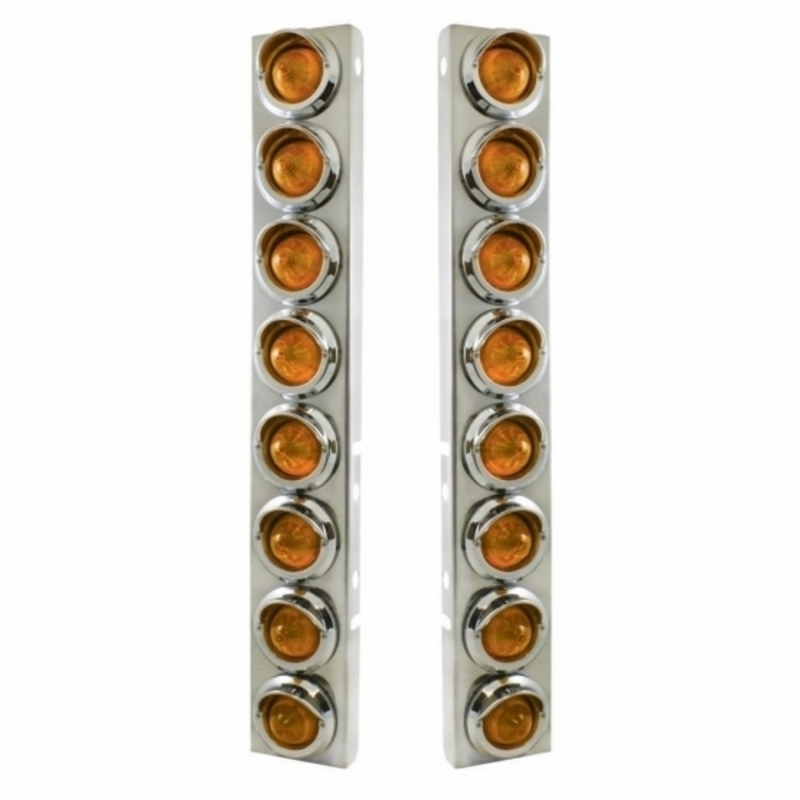 United Pacific SS Front Air Cleaner Bracket With 16X 9 LED 2" Beehive Lights & Visors For Peterbilt-Amber LED & Lens 33606