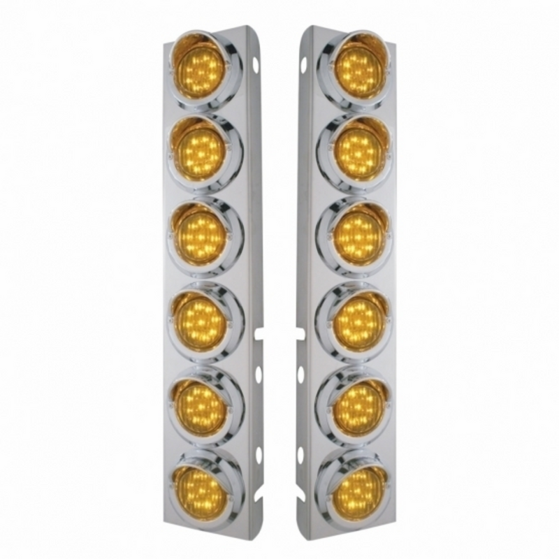 United Pacific SS Front Air Cleaner Bracket With 12X 9 LED 2" Lights & Visors For Peterbilt-Amber LED & Lens 33608