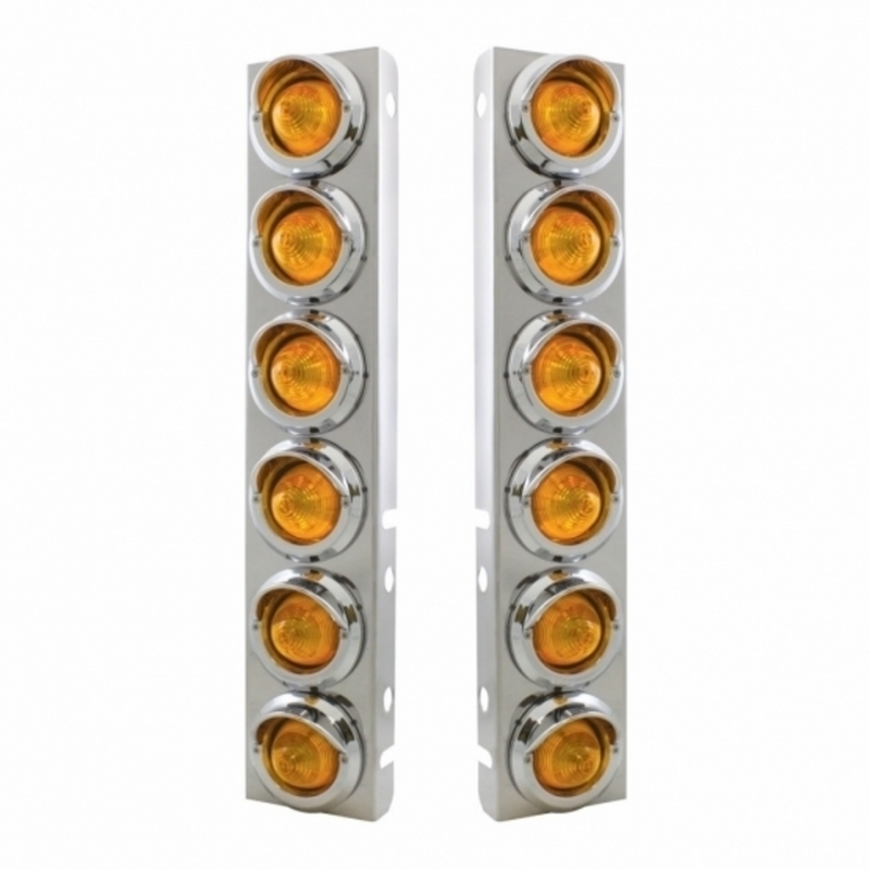 United Pacific SS Front Air Cleaner Bracket With 12X 9 LED 2" Beehive Lights & Visors For Peterbilt-Amber LED & Lens 33614
