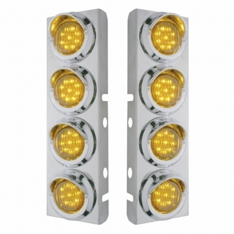 United Pacific SS Front Air Cleaner Bracket With 8X 9 LED 2" Lights & Visors For Peterbilt-Amber LED & Lens 33616