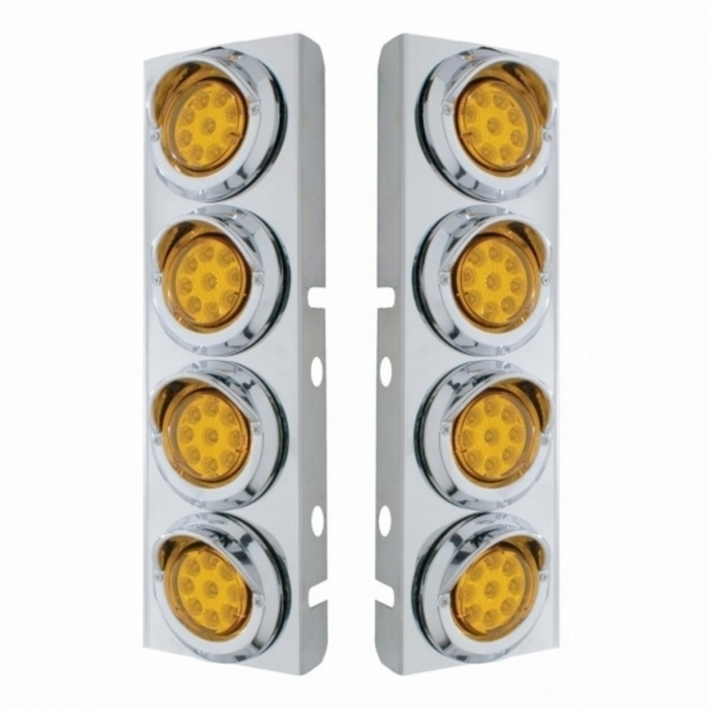 United Pacific SS Front Air Cleaner Bracket With 8X 9 LED 2" Reflector Lights & Visors For Peterbilt -Amber LED & Lens 33618