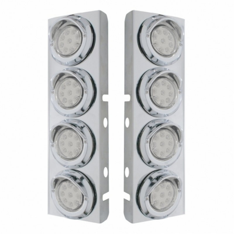 United Pacific SS Front Air Cleaner Bracket With 8X 9 LED 2" Reflector Lights & Visors For Peterbilt -Amber LED/Clear Lens 33619