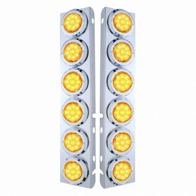 United Pacific SS Front Air Cleaner Bracket With 12X 9 LED 2" Reflector Lights & Bezels For Peterbilt-Amber LED & Lens 33710