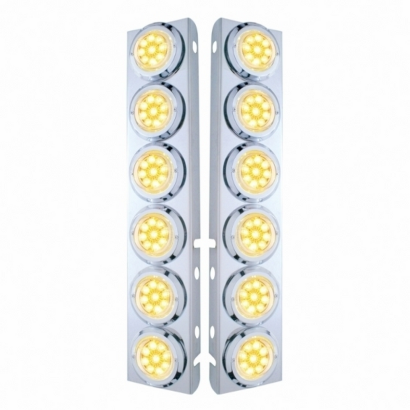 United Pacific SS Front Air Cleaner Bracket With 12X 9 LED 2" Reflector Lights & Bezels For Peterbilt-Amber LED/Clear Lens 33711