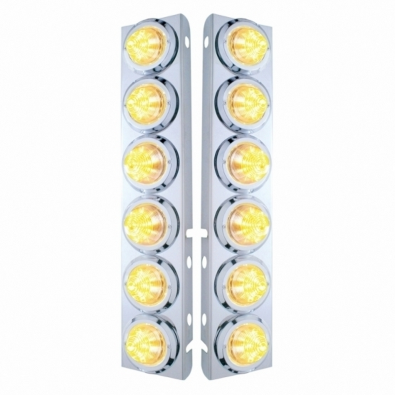 United Pacific SS Front Air Cleaner Bracket With 12X 9 LED 2" Beehive Lights & Bezels For Peterbilt-Amber LED/Clear Lens 33715