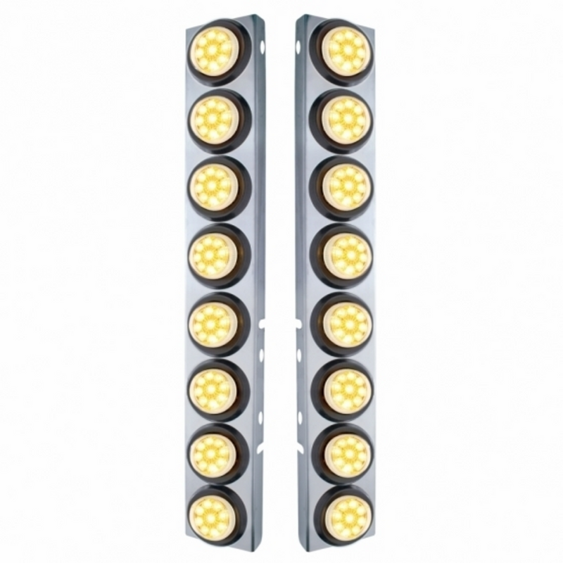 United Pacific SS Front Air Cleaner Bracket With 16X 9 LED 2" Reflector Lights For Peterbilt-Amber LED/Clear Lens 33803