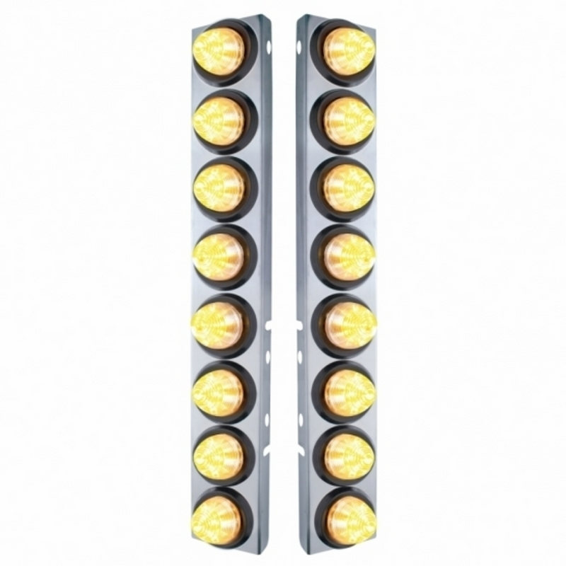 United Pacific SS Front Air Cleaner Bracket With 16X 9 LED 2" Beehive Lights For Peterbilt -Amber LED/Clear Lens 33807