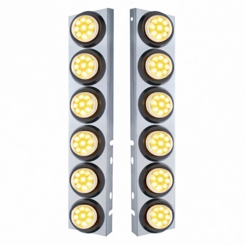 United Pacific SS Front Air Cleaner Bracket With 12X 9 LED 2" Reflector Lights For Peterbilt-Amber LED/Clear Lens 33811