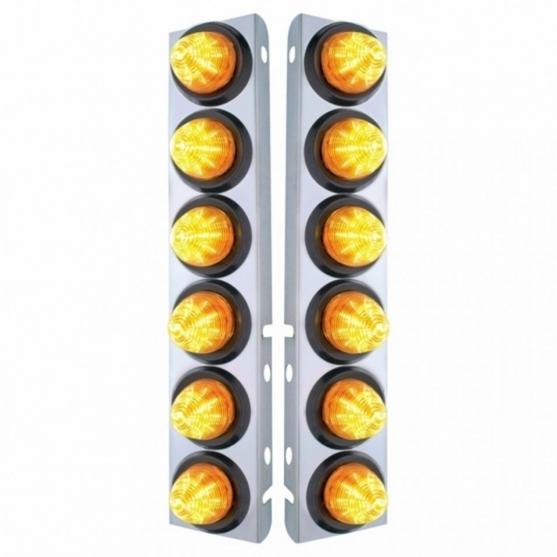 United Pacific SS Front Air Cleaner Bracket With 12X 9 LED 2" Beehive Lights For Peterbilt-Amber LED & Lens 33814