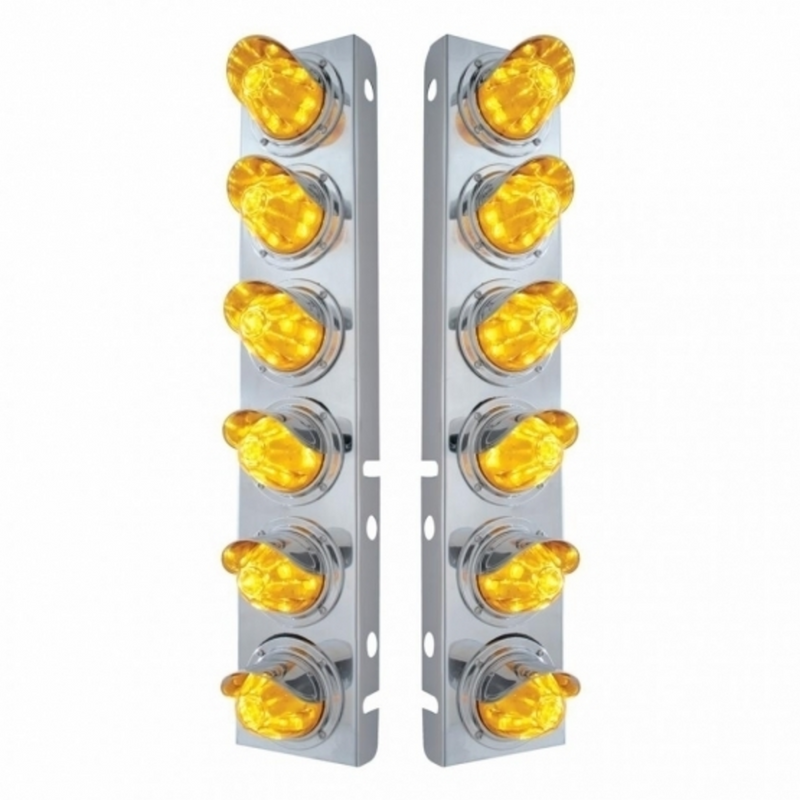 United Pacific SS Front Air Cleaner Bracket With 12X 11 LED Watermelon Lights & Visors For Peterbilt-Amber LED & Lens 33914