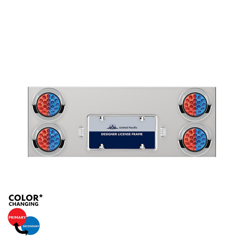 United Pacific 33-3/4" SS Rear Center Panel With 4X 19 LED 4" Double Fury Lights & Visors-Red & Blue LED 34104