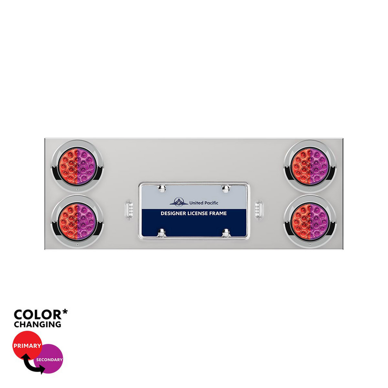 United Pacific 33-3/4" SS Rear Center Panel With 4X 19 LED 4" Double Fury Lights & Visors-Red & Purple LED 34106