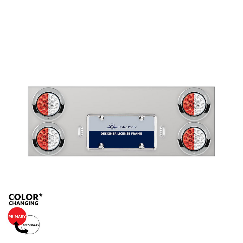 United Pacific 33-3/4" SS Rear Center Panel With 4X 19 LED 4" Double Fury Lights & Visors-Red & White LED 34107