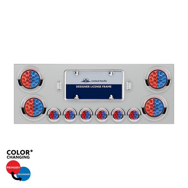 United Pacific SS Rear Center Panel With 4X 19 LED 4" & 6X 7 LED 2" Double Fury Lights & Visors-Red & Blue LED 34108