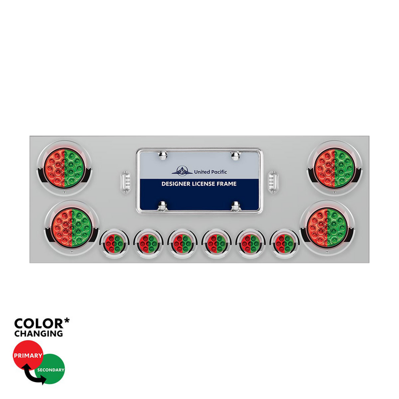 United Pacific SS Rear Center Panel With 4X 19 LED 4" & 6X 7 LED 2" Double Fury Lights & Visors-Red & Green LED 34109