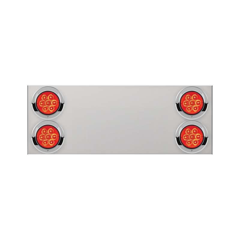 United Pacific 33-3/4" Stainless Rear Center Panel With Four 7 LED 4" Reflector Lights & Visors(No LP Holes)-Red LED/Red Lens 34156
