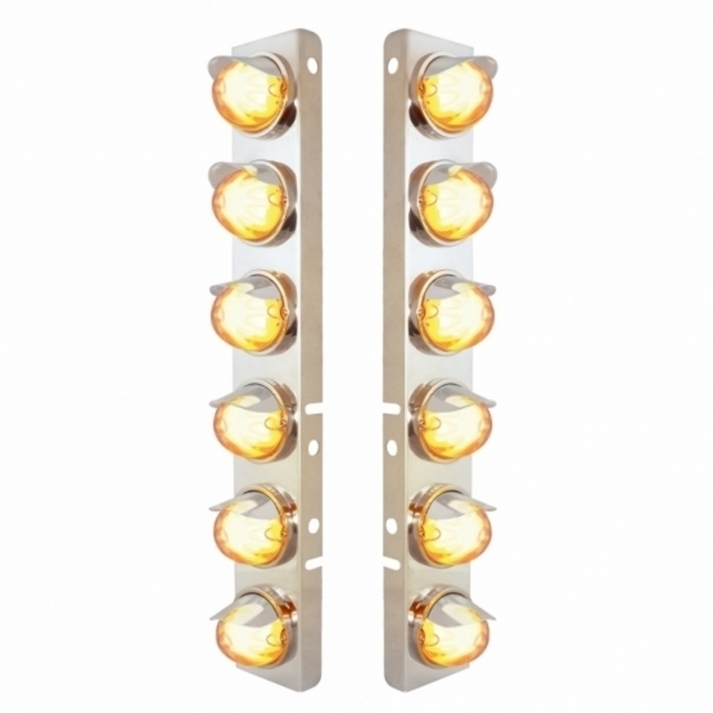 United Pacific SS Front Air Cleaner Brkt With 12X 9 Amber Hi/Lo LED Watermelon GloLight & Visors For Peterbilt-Clear Lens 34441