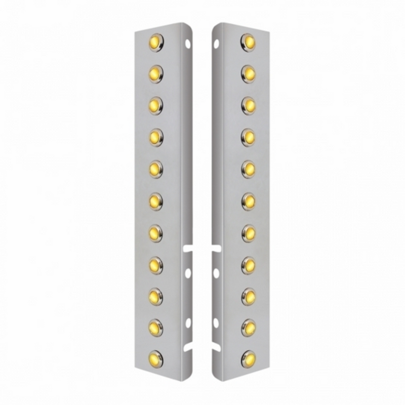 United Pacific SS Front Air Cleaner Bracket With 22X 3 Amber Hi/Lo LED 3/4" Mini Crystal Lights & SS Bezels For Peterbilt-Amb 34462