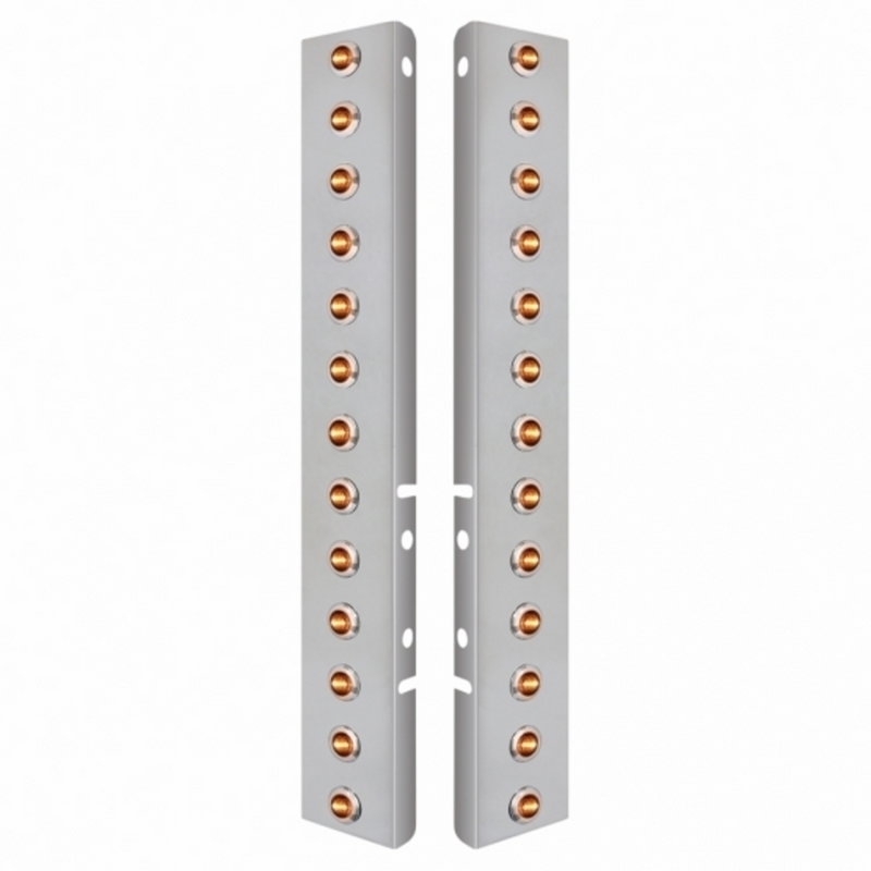 United Pacific SS Front Air Cleaner Bracket With 26X 3 LED 3/4" Mini Lights & SS Bezels For Peterbilt-Amber LED & Lens 34476