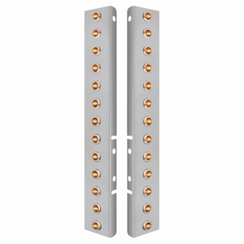 United Pacific SS Front Air Cleaner Bracket With 26X 3 LED 3/4" Mini Lights & SS Bezels For Peterbilt-Amber LED/Clear Lens 34477