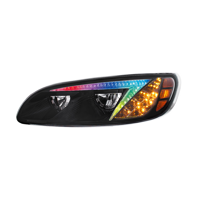 United Pacific Black LED Headlight With Color Changing Position Light Bar For Peterbilt 386 (2005-2015) & 387 (1999-2010) D 34855