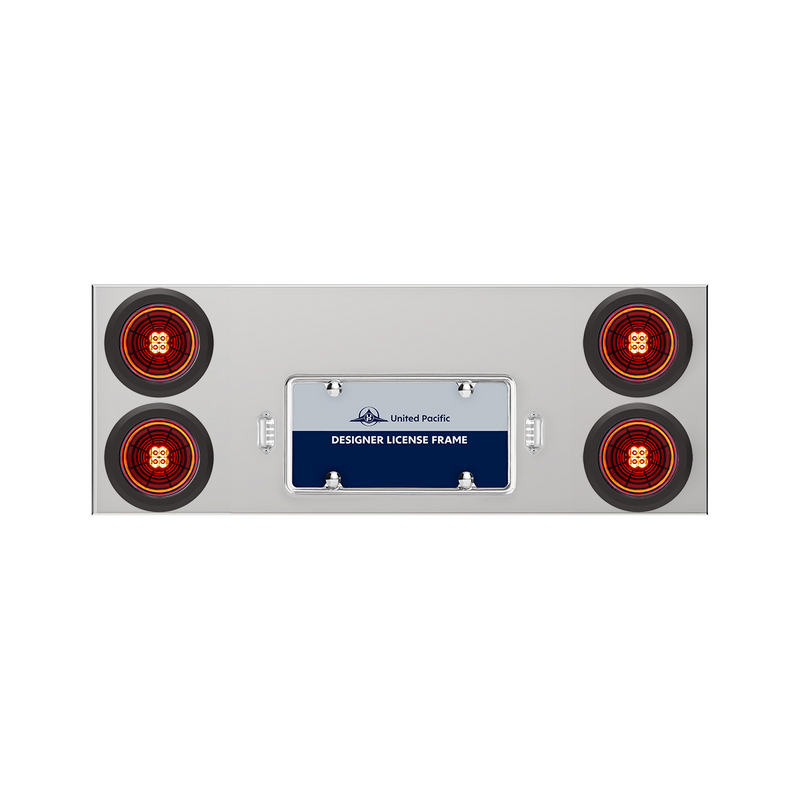 United Pacific 33-3/4" Stainless Rear Center Panel With 4X 13 LED 4" Abyss Lights & Grommets Red LED/Red Lens 35006