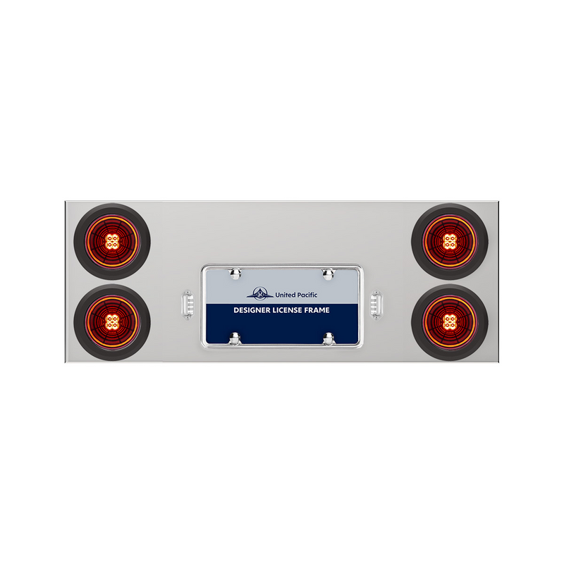 United Pacific 33-3/4" Stainless Rear Center Panel With 4X 13 LED 4" Abyss Lights & Grommets Red LED/Clear Lens 35007
