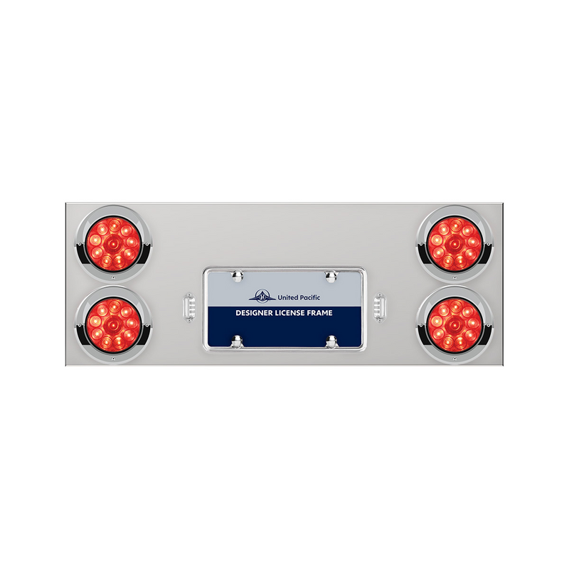 United Pacific 33-3/4" Stainless Rear Center Panel With Four 10 LED 4" Lights & Visors Red LED/Red Lens 35061