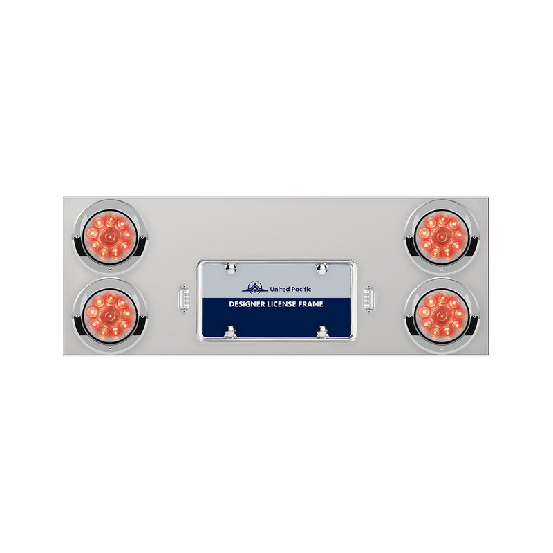 United Pacific 33-3/4" Stainless Rear Center Panel With Four 10 LED 4" Lights & Visors Red LED/Clear Lens 35062