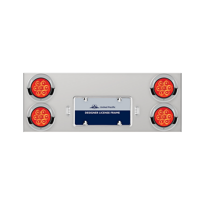 United Pacific 33-3/4" Stainless Rear Center Panel With Four 7 LED 4" Reflector Lights & Visors Red LED/Red Lens 35063