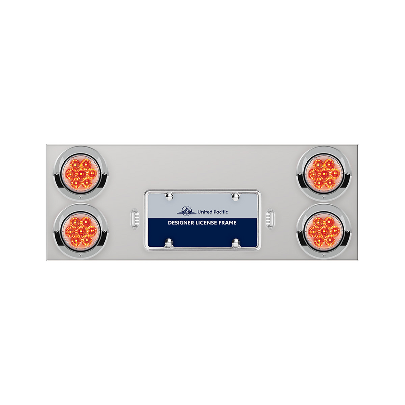 United Pacific 33-3/4" Stainless Rear Center Panel With Four 7 LED 4" Reflector Lights & Visors Red LED/Clear Lens 35064