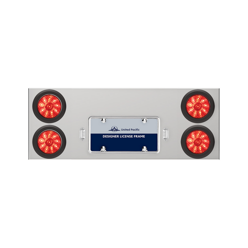 United Pacific 33-3/4" Stainless Rear Center Panel With Four 10 LED 4" Lights & Grommets Red LED/Red Lens 35261