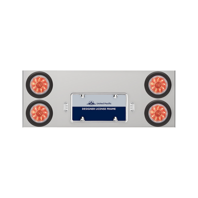 United Pacific 33-3/4" Stainless Rear Center Panel With Four 10 LED 4" Lights & Grommets Red LED/Clear Lens 35262